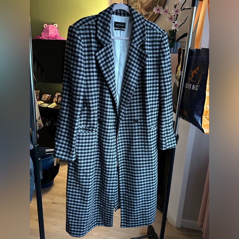 SOMETHING NAVY Gray and Black US Size L Checkered Wool Maxi Double Breasted Coat